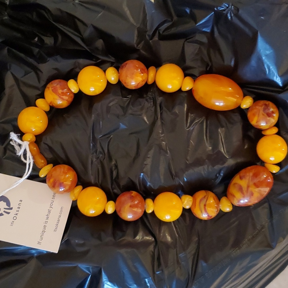 Vintage Eggyolk Bakelite and Dark Amber Necklace